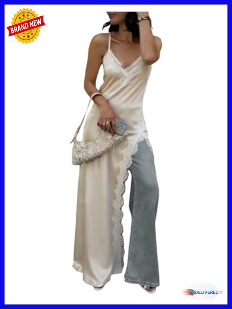 Satin Lace Slip Dress Spaghetti Strap High Low Asymmetrical Layering Tank Dress